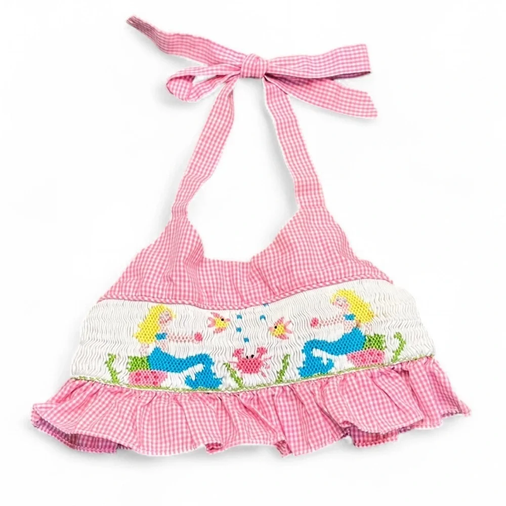 The Bailey Boys Pink Gingham Smocked Mermaid Halter Swim Top 3T